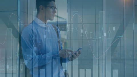 Businessman Using Smartphone with Digital Financial Data Background