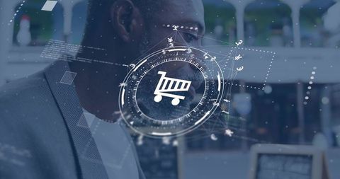 Black Professional Using Augmented Reality Shopping Interface on Urban Street