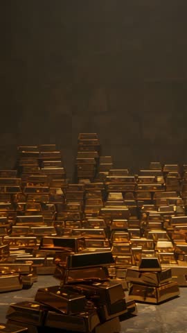 Vertical vault camera revealing stacked gold bars, gleaming wealth and secure bullion