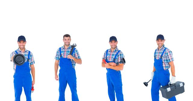Plumber shown in different poses with various plumbing tools such as a spanner, plungers, and a toolbox. Useful for advertising plumbing services, training manuals, and professional services brochures. Ideal for any visual content related to maintenance and repair services.