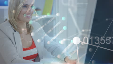 Smiling Businesswoman at Desk with Digital DNA Overlay