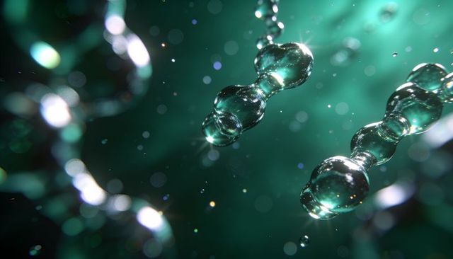 Glassy droplet chain reflecting teal light, creating macro bokeh and caustic highlights