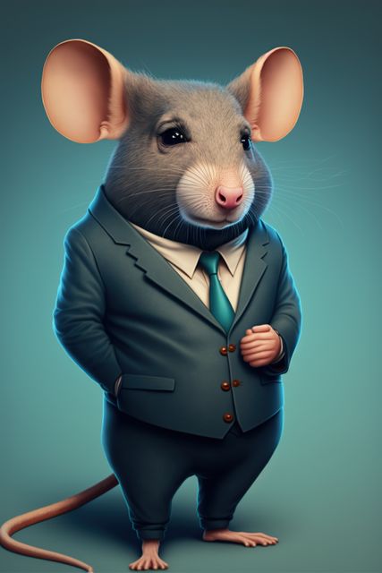 Mouse with suit and blue tie on blue background, created using generative ai technology. Nature and style concept, digitally generated image.