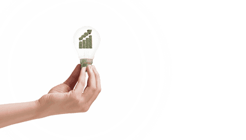 Hand holding lightbulb with growth chart on transparent background