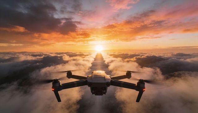 Drone flying above clouds toward sunrise at golden hour with dramatic colorful sky