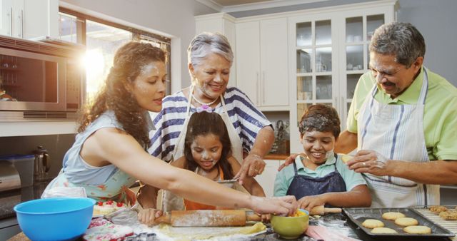 Multigenerational family baking together in a kitchen. Grandparents and children are having fun, sharing the joy of cooking while covered with flour. Ideal for concepts of family bonding, home cooking activities, holidays, and creating happy memories together.