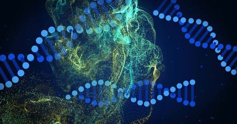 Abstract dna helices with neon data clouds on dark background