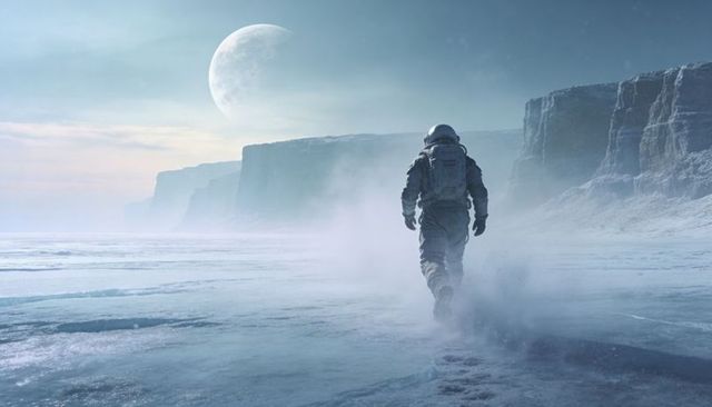 Astronaut walking across frozen alien shoreline toward towering cliffs under giant moonlight