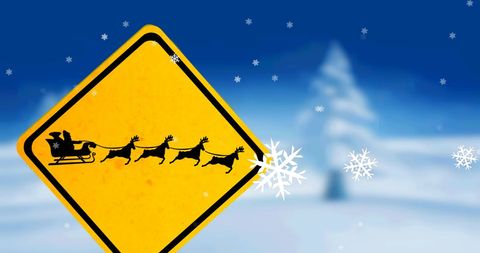 Christmas Sleigh Sign with Snowflakes on Blue Backdrop