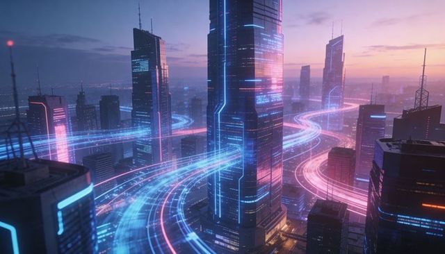 Neon metropolis at dusk with glowing skyscraper and elevated light rails, cyberpunk trails
