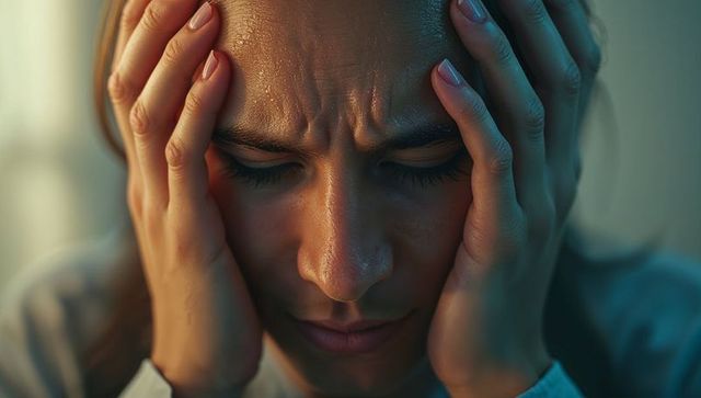Stressed woman pressing temples in reflective moment