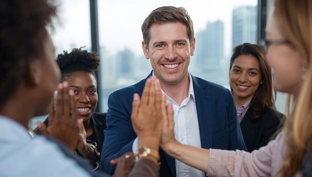 Smiling manager receiving high-fives from diverse team in modern glass-front office