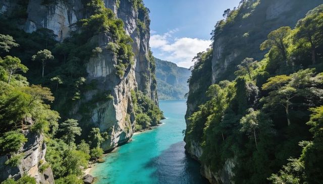 Turquoise channel cutting through limestone canyon with tropical cliffs and lush greenery