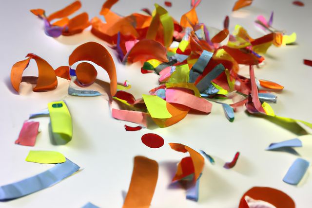 Vibrant paper confetti scattered across a white background. Great for using in designs related to celebrations, parties, birthdays, and festive occasions. Can be used in marketing materials for events, artistic projects, and as a creative touch in digital or print designs.