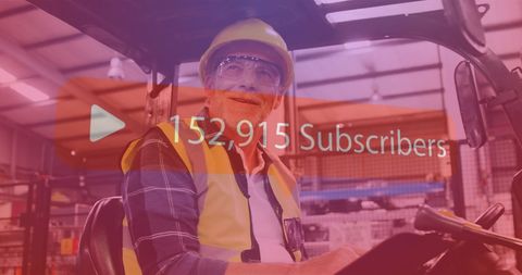 Industrial worker in safety gear with social media overlay