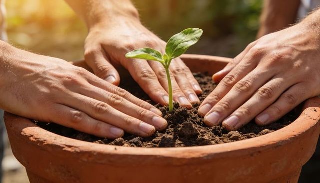 Hands nurturing seedling in terracotta pot planting small green sprout growing in sunlight