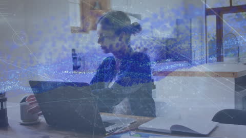Tech-Savvy Woman Online in Creative Workspace with Abstract Overlay