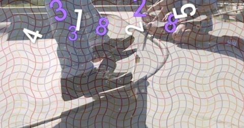 Reclining man raising arms on white bed with pole and digital numeric wavy grid overlay