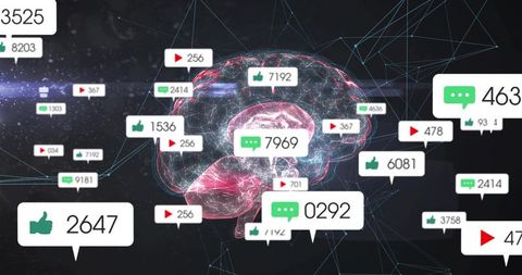 Neon wireframe brain visualizing social media engagement metrics, likes and network analytics
