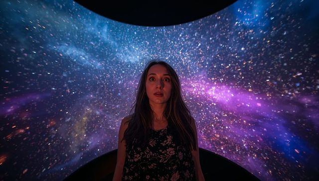 Woman standing immersed in curved galaxy projection within dark dome theater