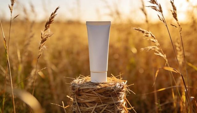 Minimalist white cosmetic tube on straw bundle in golden wheat field for natural branding