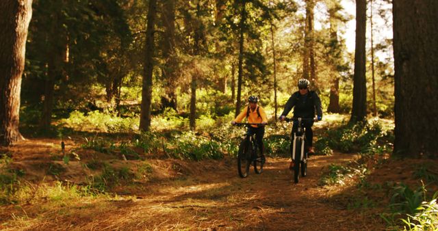 Two middle-aged Caucasian individuals are enjoying a bike ride through a sunlit forest, with copy space. Their outdoor activity highlights the enjoyment of nature and promotes a healthy lifestyle.