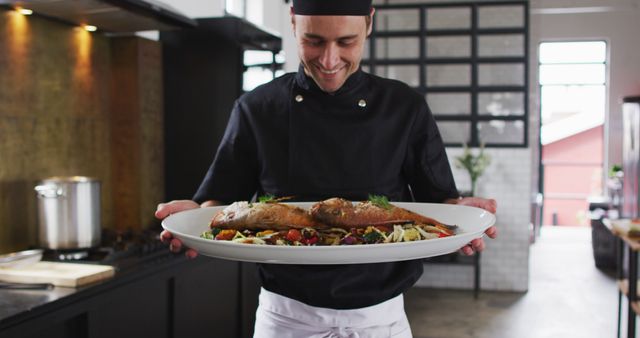 Chef expertly showing fish platter in modern, industrial-style kitchen. Ideal for culinary blogs, restaurant advertisements, cooking classes promotion, and cuisine-focused magazines.