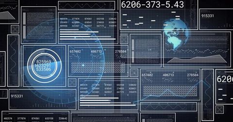 Futuristic Data Dashboard Showing Global Map, HUD Ring, Waveform Charts and Analytics Panels