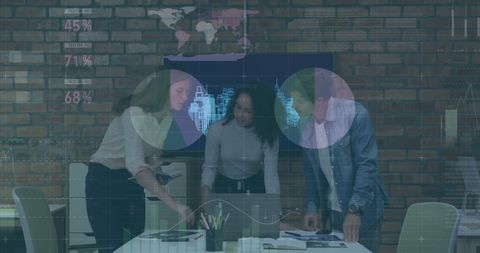 Business team collaborating on data analysis with high-tech interface