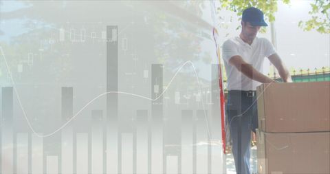 Delivery worker sorting packages blockchain graph overlay