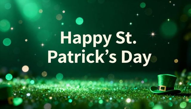 Happy st. Patrick's day greeting on green glitter surface with sparkling bokeh