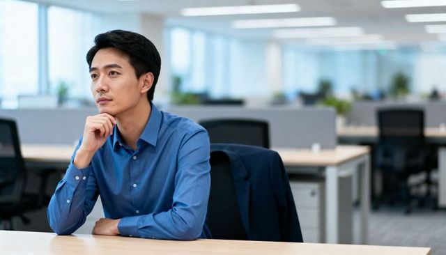 Contemplating professional in blue shirt at modern open-plan office with blazer on chair