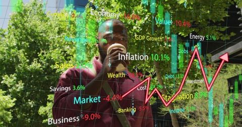 Man Drinking Coffee with Financial Data Visualization Overlay