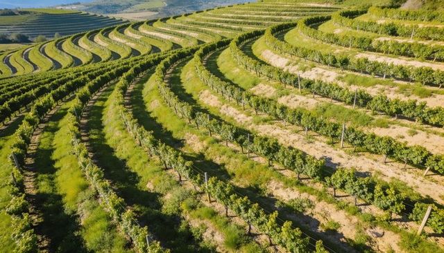 Curving terraced vineyard rows cascading down sunlit hillside for viticulture scenes