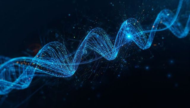 Digital double helix with data nodes and numeric overlays in cyberspace