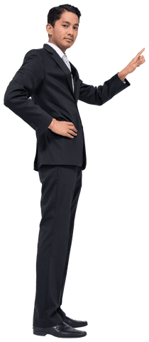 Serious professional biracial businessman pointing transparently