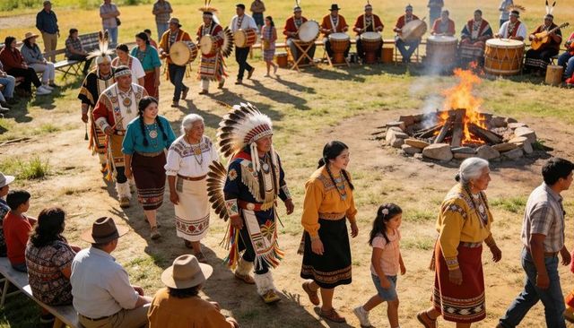 Native american procession circling bonfire, leader wearing warbonnet and beadwork regalia
