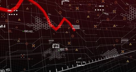 Thick red trend line cutting across futuristic data visualization wireframe grid