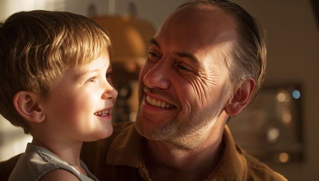 Father and son sharing golden sunlight, smiling together in cozy home evening