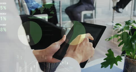 Businessman Analyzing Data on Tablet with Digital Technology Overlay