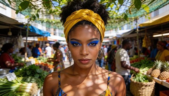 Bold blue eyeshadow and yellow headwrap portrait at tropical market with fresh produce
