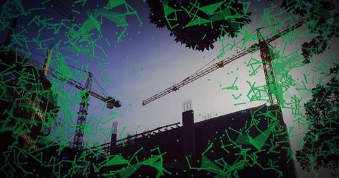 Digital Futurism Overlay on Construction Site Dusk Scene