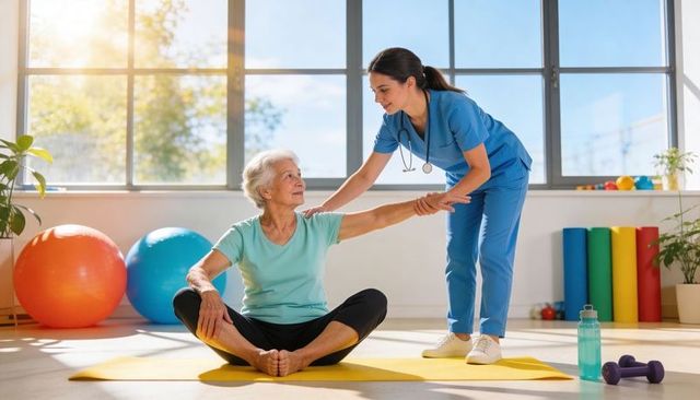 Senior stretching with therapist guidance in sunny rehab clinic for mobility and wellness