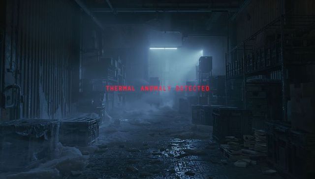 Industrial warehouse detecting thermal anomaly with red alert text and cinematic fog
