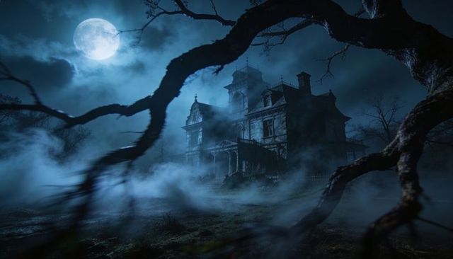 Moonlit victorian mansion looming through mist and gnarled branches, haunted gothic manor