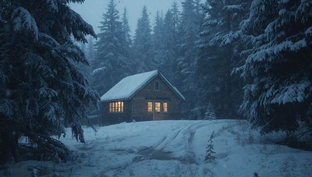 Snow-covered log cabin nestled in dense pine forest glowing warm interior light at twilight