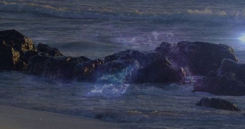 Twilight rocky shore reflecting nebula glow, foaming waves lapping wet boulders