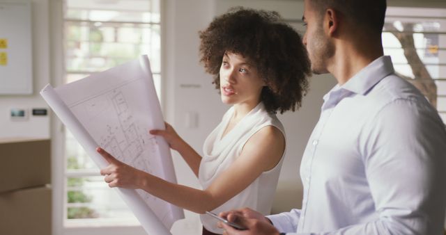 Architect wearing white shirt holding blueprints while discussing project with female colleague with Afro hairstyle. Office scene suggests professional teamwork and planning. Ideal for concepts of business collaboration, architecture design, and project management.