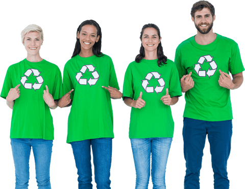 Diverse Group Wearing Eco-Friendly Green Shirts on Transparent Background