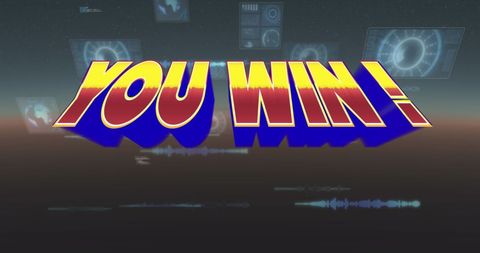 You win message in digital abstract space with data screens